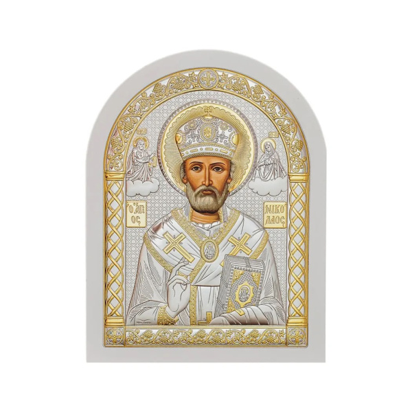 Икона Вырица Николай Чудотворец арочная, белое дерево